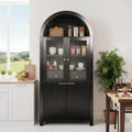 ZeHuoGe Fluted Tall Arched Pantry Cabinet with Adjustable Shelves, Elegant Display Storage with Hidden Drawer & Glass Door for Kitchen, Living Room, Dining Room (Black)