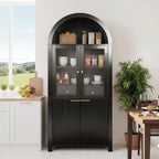 ZeHuoGe Fluted Tall Arched Pantry Cabinet with Adjustable Shelves, Elegant Display Storage with Hidden Drawer & Glass Door for Kitchen, Living Room, Dining Room (Black)