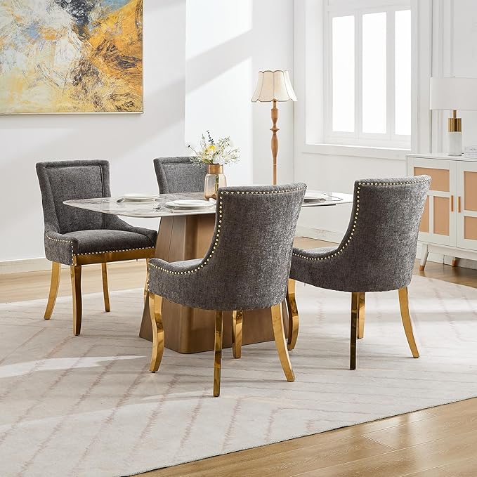 Upholstered Dining Chairs Set of 6, Modern Fabric Side Chairs with Gold Stainless Steel Legs, Accent Kitchen Chairs for Dining Room Table, Grey