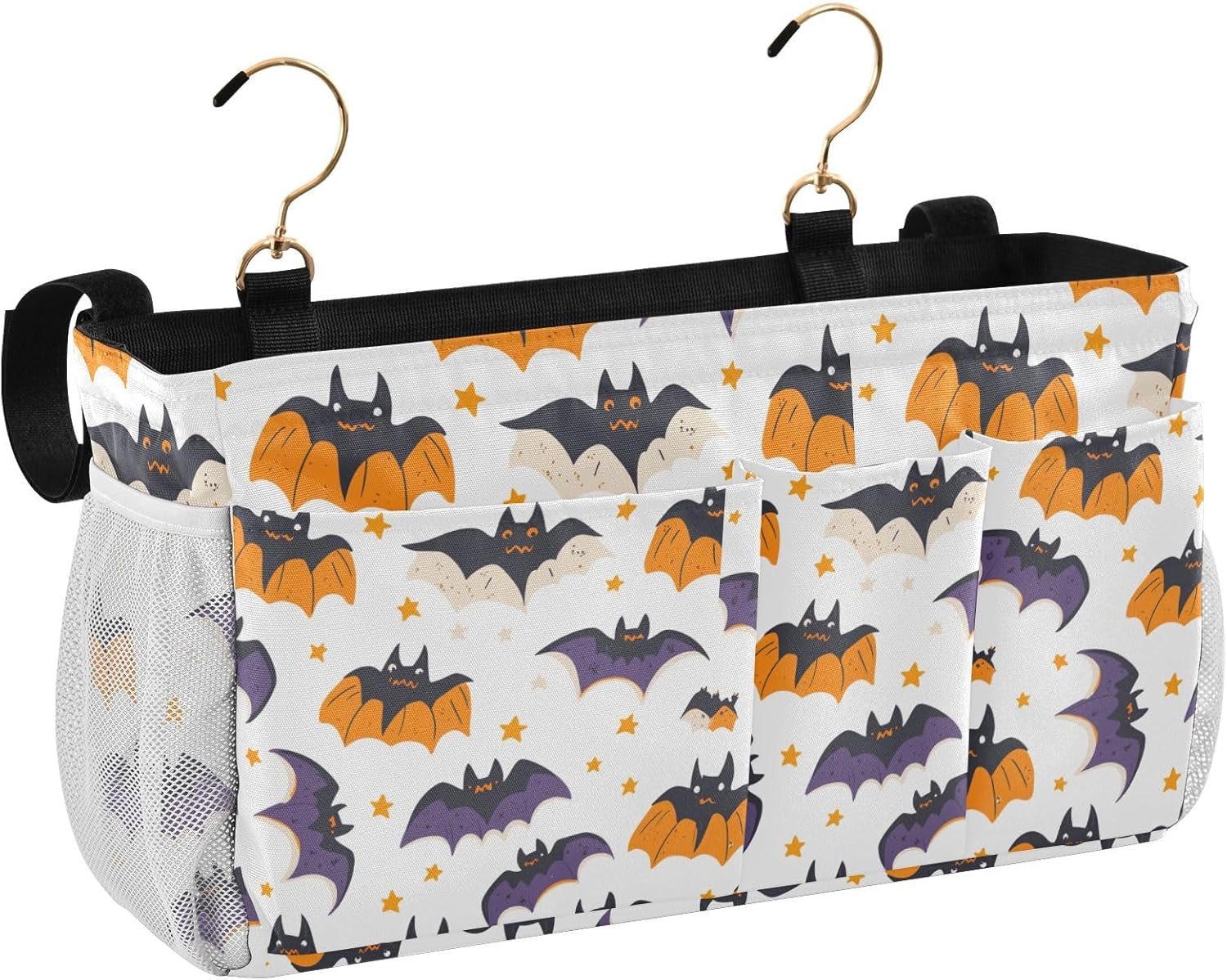 White Halloween Bats and Stars Bedside Caddy for Dorm Bed Bedside Hanging Caddy Bag Iron Frame Storage Organizer Pocket for Bunk Home College Hospital Beds 2 Hooks