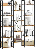 Shintenchi Triple Column 5 Tier Bookshelf, Industrial Large Bookcase Display Shelves, Large Etagere Bookshelf,Wide Book Shelf Book Case for Home & Office, Rustic Brown