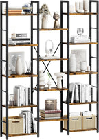 Shintenchi Triple Column 5 Tier Bookshelf, Industrial Large Bookcase Display Shelves, Large Etagere Bookshelf,Wide Book Shelf Book Case for Home & Office, Rustic Brown