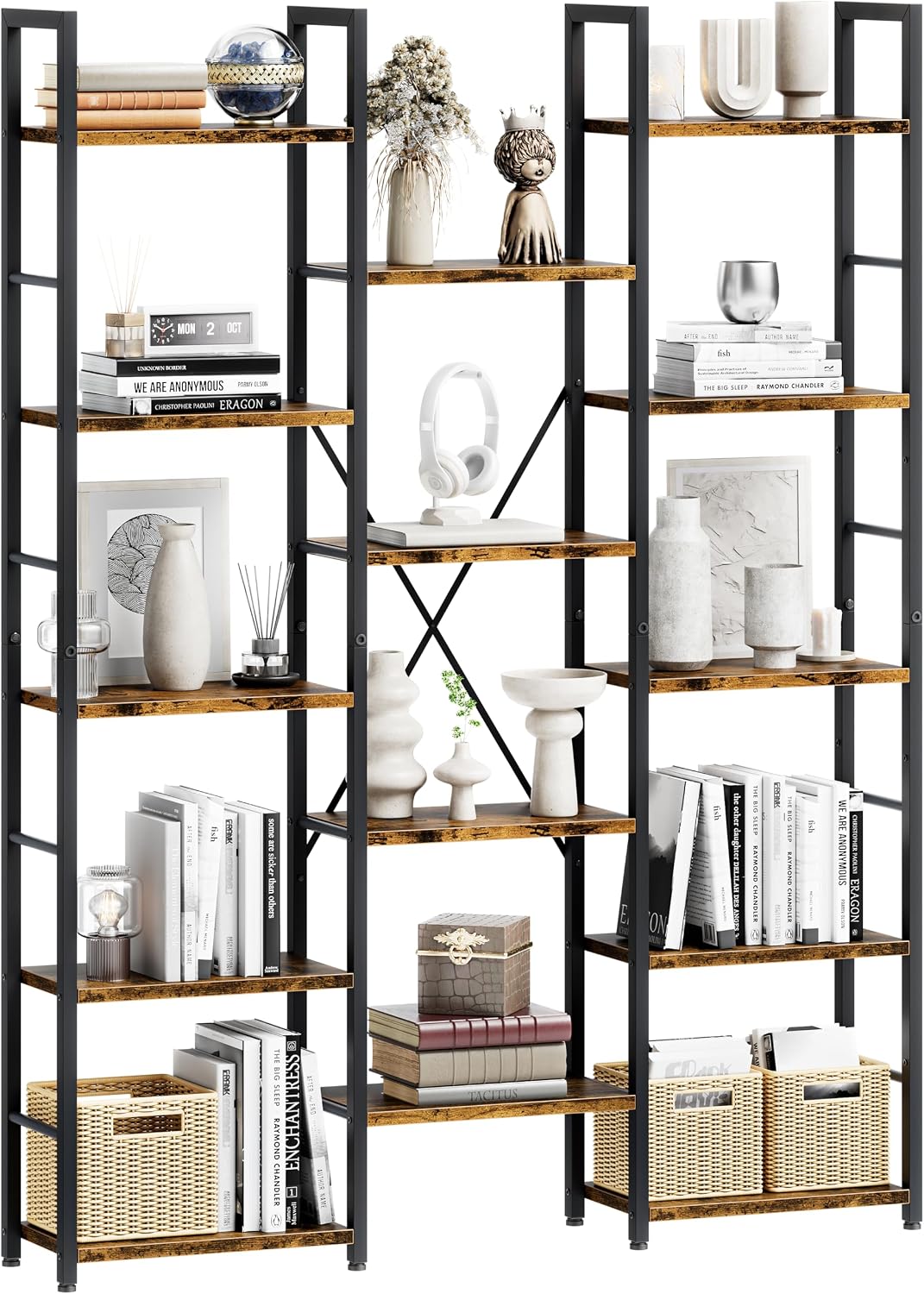 Shintenchi Triple Column 5 Tier Bookshelf, Industrial Large Bookcase Display Shelves, Large Etagere Bookshelf,Wide Book Shelf Book Case for Home & Office, Rustic Brown
