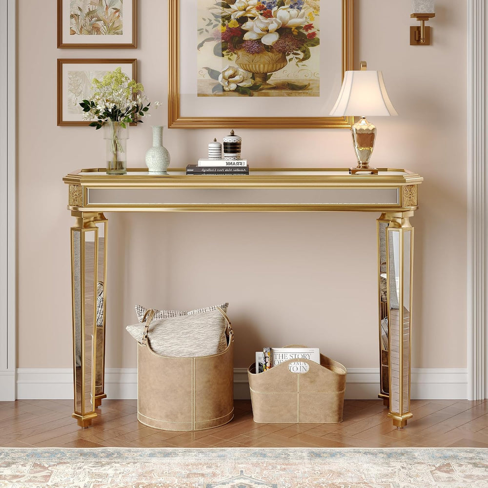 Gold Mirrored Console Table, 48" Rectangle Glass Sofa Table with Mirrore...