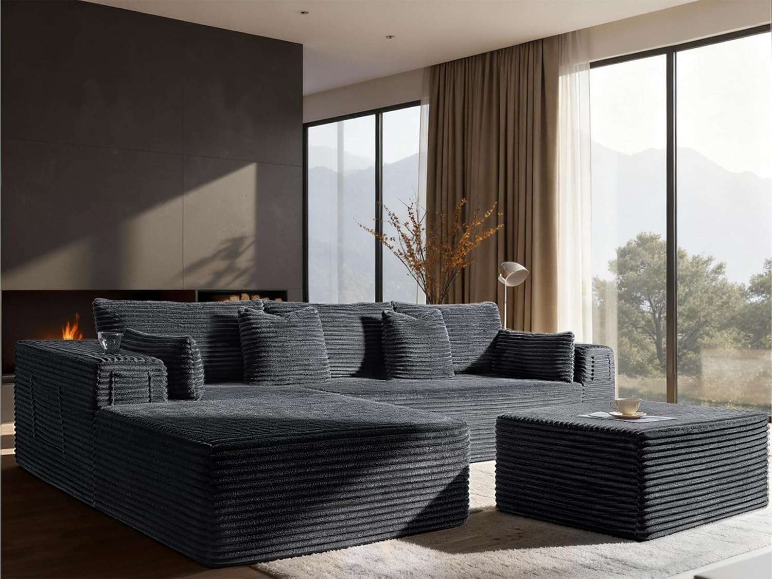 108" Oversized Cloud Sectional Couch, Comfort U Shaped Boneless Couch for Living Room, Extra Deep Seats No Assembly, Modular Sofa, Corduroy (Dark Grey, 2 Seater + Left Facing Chaise + Ottoman)