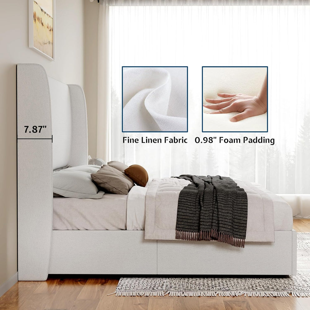 Jocisland Queen Lift Up Storage Bed Frame, Linen Wingback Headboard, White