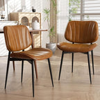 Dining Chairs Set of 6, Mid Century Modern Dining Room Chairs, Upholstered Faux Leather Kitchen Chairs with Walnut Bentwood Back and Metal Legs, Brown