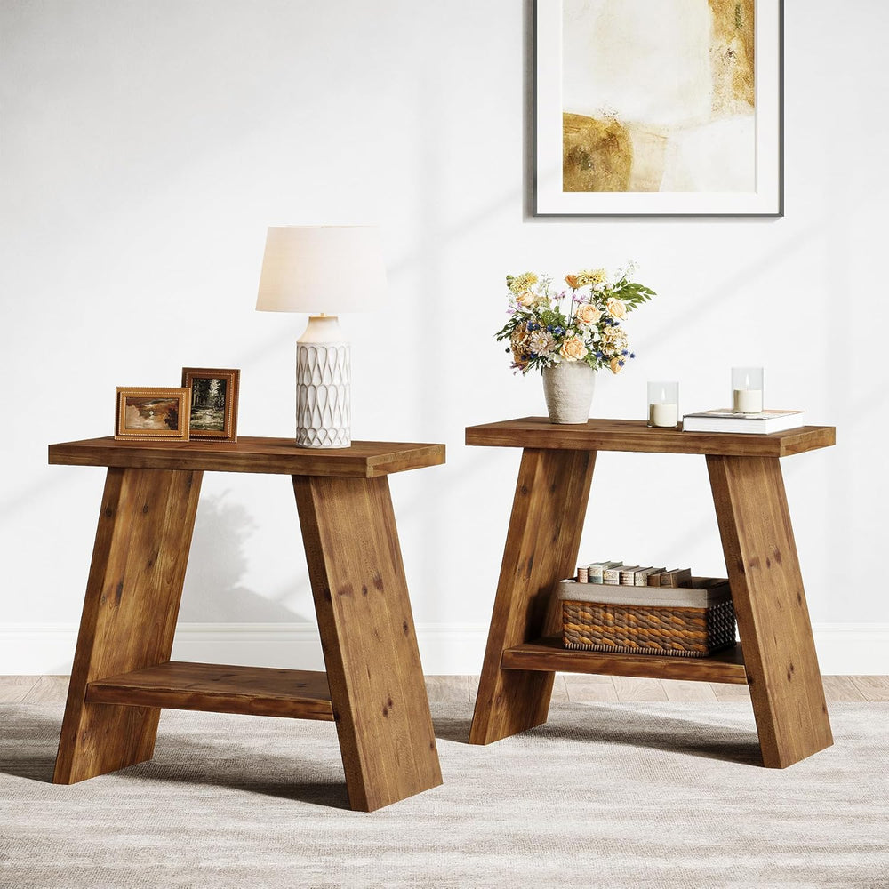 Solid Wood End Table for Living Room Set of 2, Narrow Small Side Table with 2...