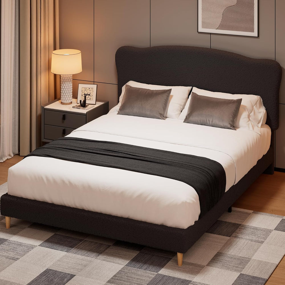 Garvee Bouclé Queen Size Bed Frame with Upholstered Headboard, Black
