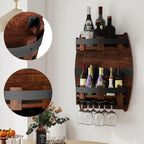 Whiskey Barrel Shelf Wall Mounted, Vintage Wine Rack With Glass Holder | Wooden Handmade Bourbon Shelf, Bar Liquor Bottle Holder, Gift For Wine Lover, Drinks Cabinet Rack for Whiskey, Beer