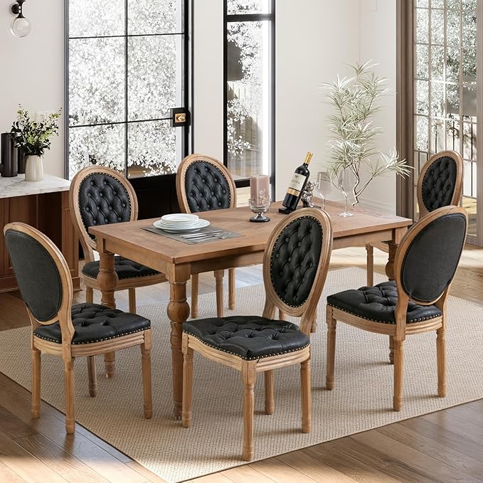 French Country Dining Chairs Set of 6,Farmhouse Upholstered Dining Room Chairs with Tufted Round Back&Solid Leg,PU Leather Kitchen Side Chairs for Kitchen/Bedroom/Dining Room,Black