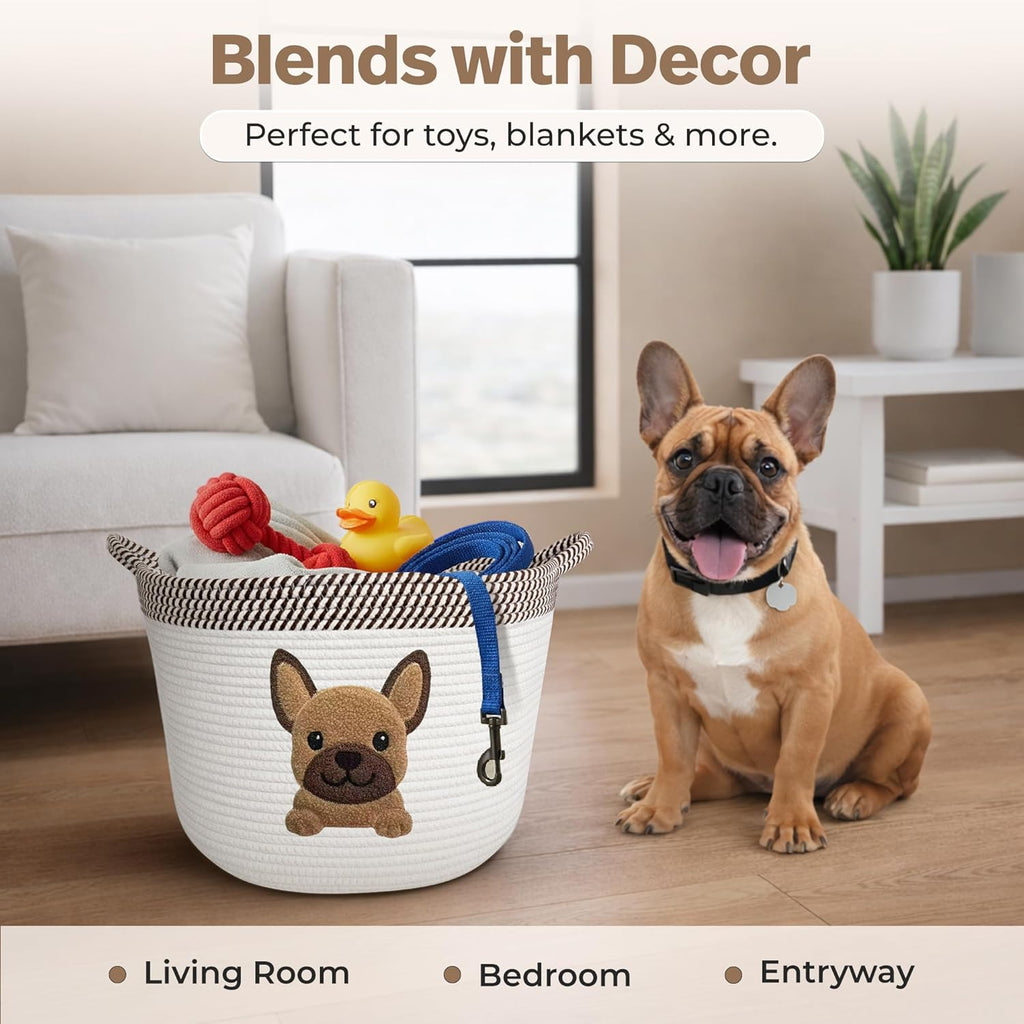French Bulldog Dog Toy Basket, Pug and Boston Terrier, Cotton Rope Bin | Pet Toy Storage, Blanket and Leash Organizer, Soft Felt Puppy Patch, Dog Mom Gift, Living Room and Crate Side Bin, Spot Clean