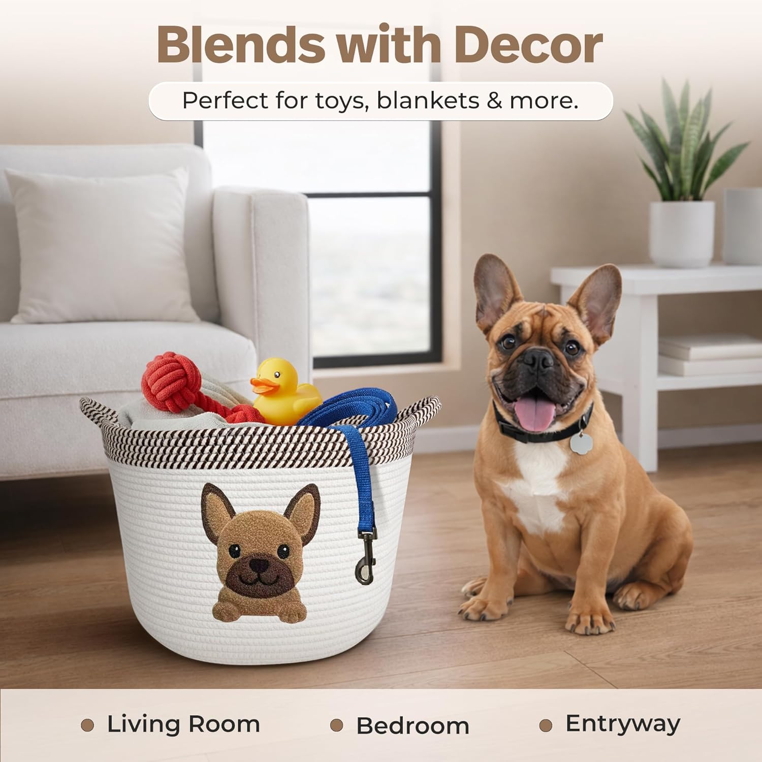 French Bulldog Dog Toy Basket, Pug and Boston Terrier, Cotton Rope Bin | Pet Toy Storage, Blanket and Leash Organizer, Soft Felt Puppy Patch, Dog Mom Gift, Living Room and Crate Side Bin, Spot Clean
