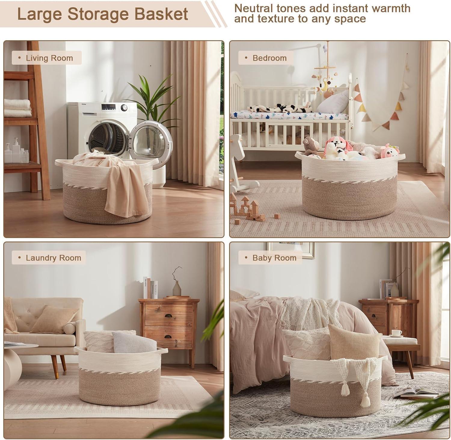 OIAHOMY 87L Extra Large Blanket Basket, 23" x 13", Jumbo Laundry Hamper, Cotton Rope Basket with Handles for Living Room,Baby Toy Storage Bins, Brown
