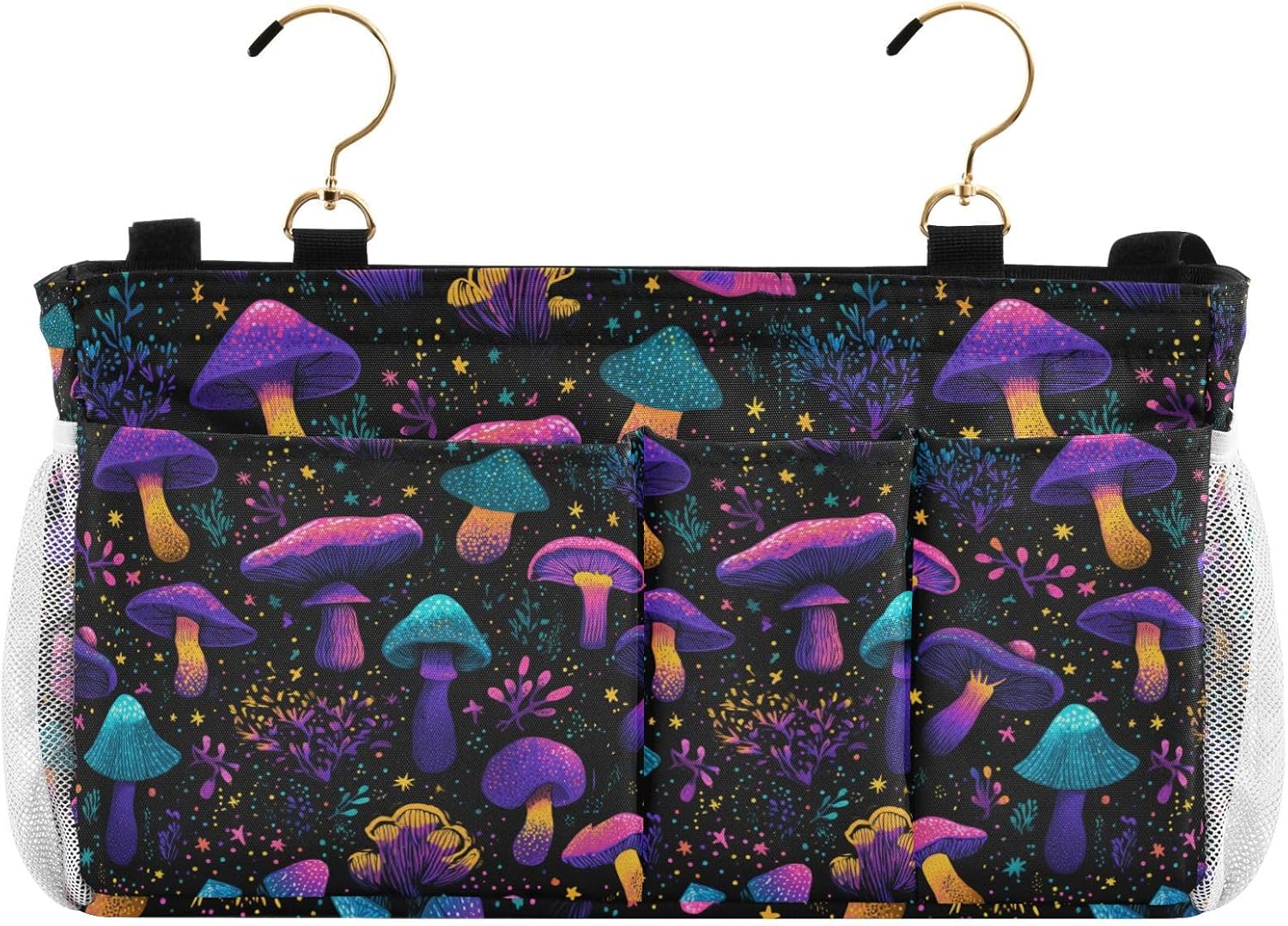 Neon-colored Mushrooms Stars Dots Bedside Caddy for Dorm Bed Bedside Hanging Caddy Bag Iron Frame Storage Organizer Pocket for Bunk Home College Hospital Beds 2 Hooks