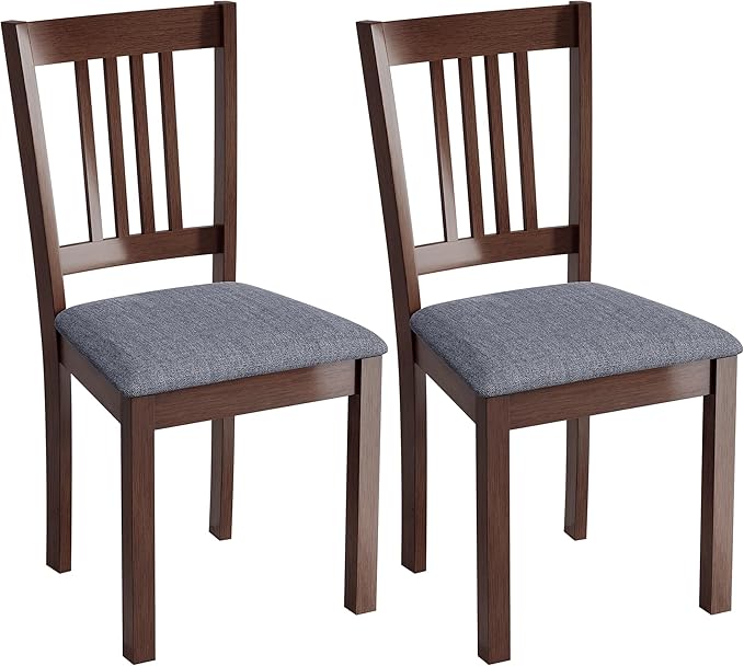 HOMCOM Dining Chairs Set of 2, Solid Wood Kitchen Chairs, Mid Century Modern Linen Fabric Upholstered for Dining Room, Living Room, Espresso Frame and Gray Upholstery