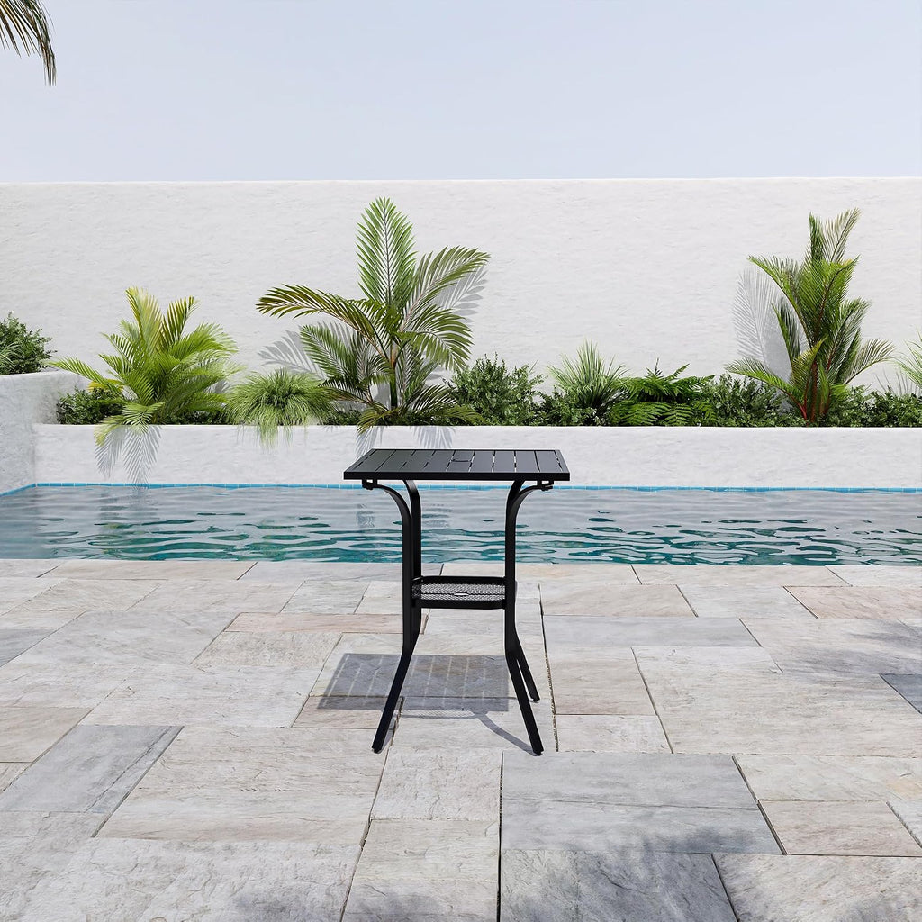 VICLLAX Outdoor Bar Table with Umbrella Hole, Tall Top Patio Furniture for Lawn Garden, Black Tabletop with Storage Shelf