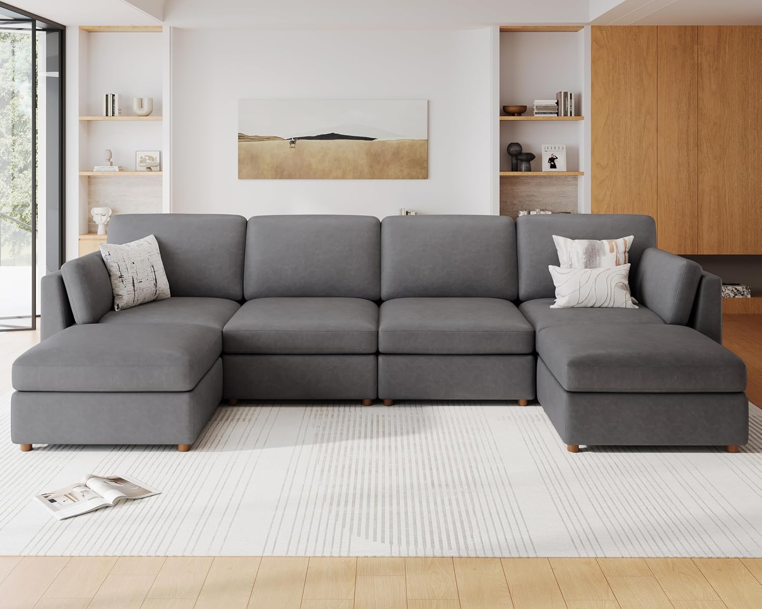 Faux Leather Modular Sectional Sofa Wide U Shaped Couches Grey | Oversized Couches for Living Room, Extra Large 6 Seater Comfy Luxury Deep Seat Couch