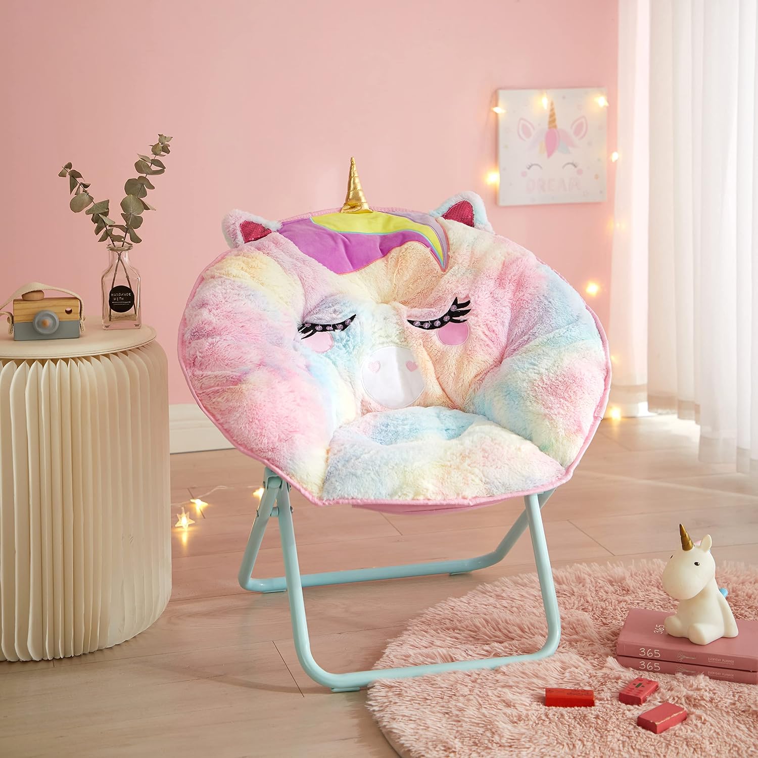Heritage Kids Rainbow Unicorn Folding Saucer Chair – 23'' Faux Fur Plush Seat for Kids Ages 3+ – Cozy, Lightweight & Portable – Fun Figural Design