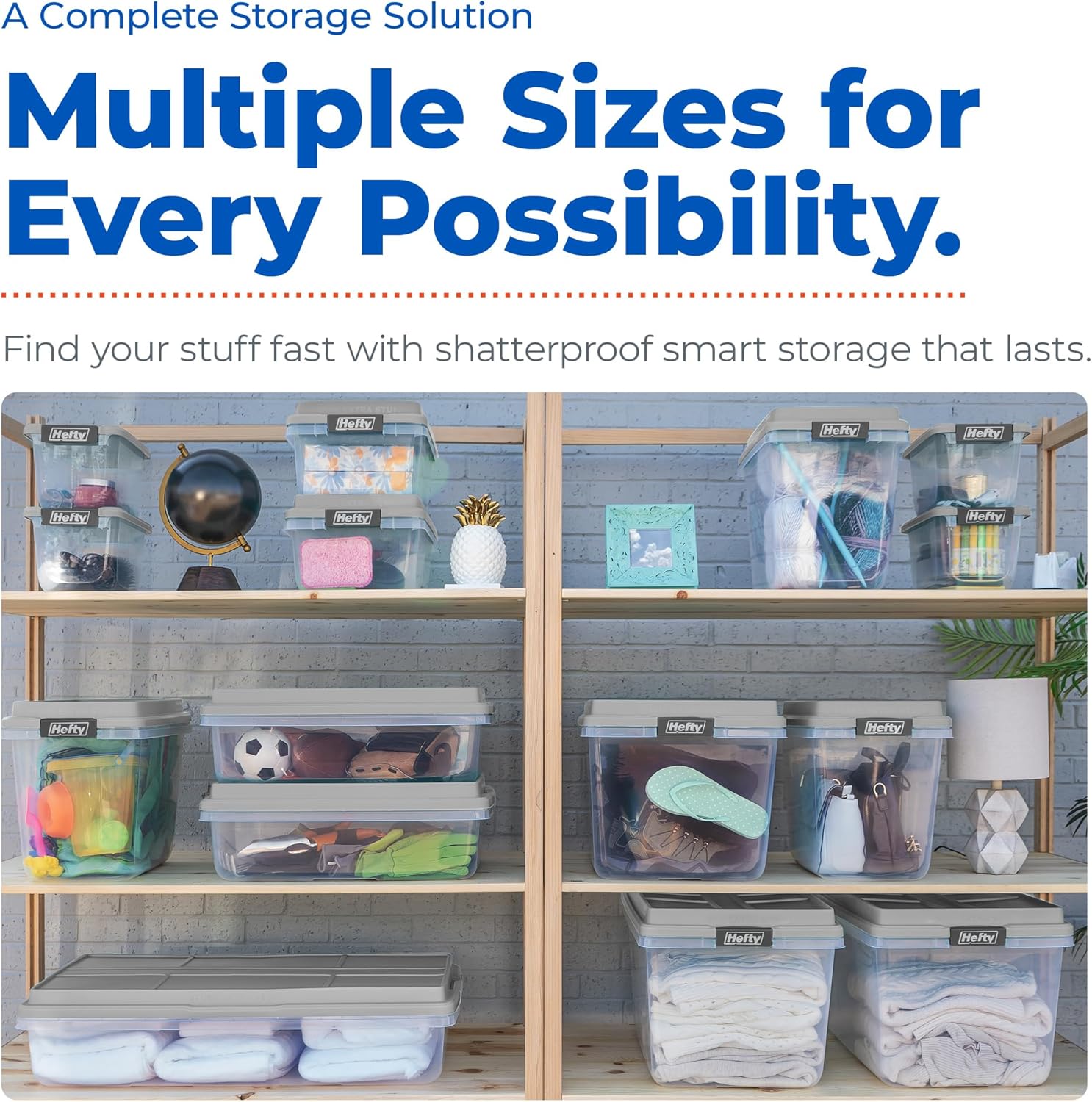 Hefty 18 Qt Hi-Rise Storage Bin with Lid, Stackable Plastic Storage Container, Organizer for Home, Garage & Closet, 8 Pack, Gray