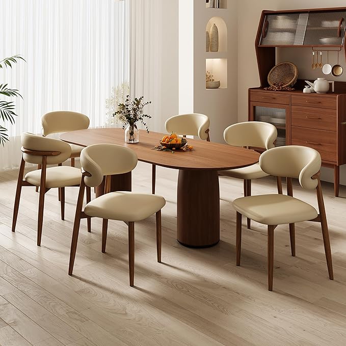 Dining Chairs Set of 2 for Kitchen Dining Table Mid Century Modern Farmhouse Upholstered Leather Dining Room Chairs with Metal Legs, Walnut Khaki