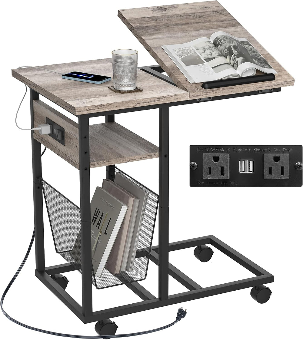 FLYJOE End Table C Shape with Charge Station, Tilting Top Side Table with Mag...