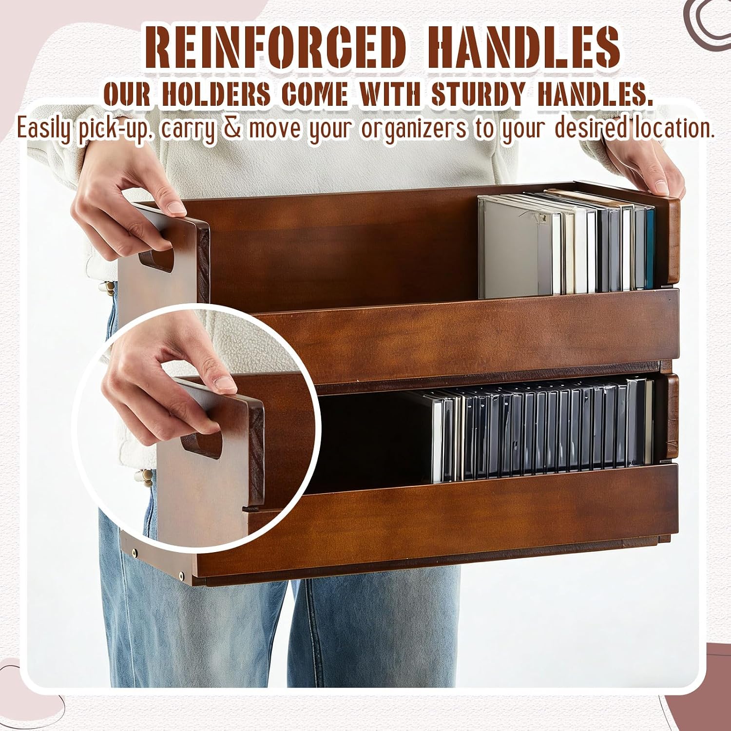 CroBlissful 2-Tier Wooden CD Storage Holder, Classic Brown CD Display Shelf Rack with Carrying Handles, CDs Organizer for DVDs, Movie Cases and Cassette Tapes, Holds up to 72 CDs