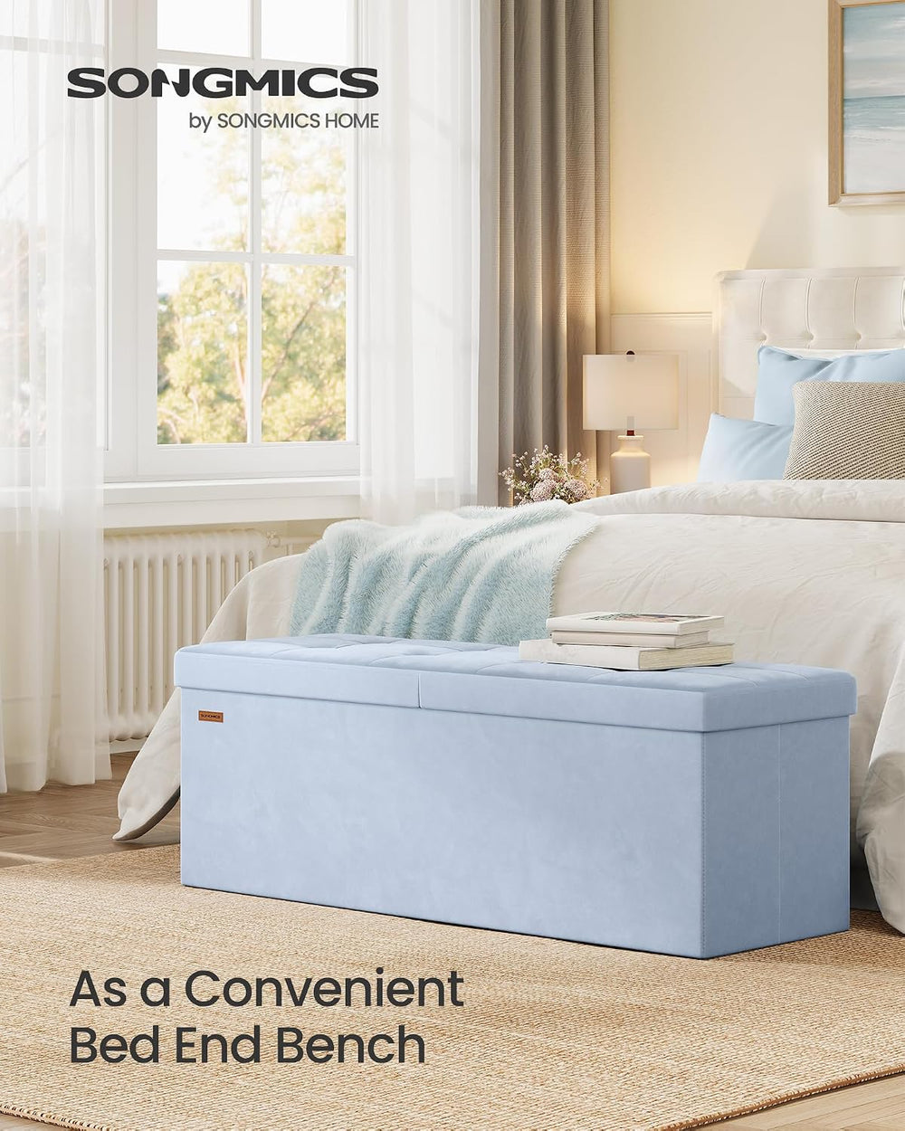 SONGMICS Foldable Storage Ottoman with Flipping Lid, 43.3 Inch Velvet Bench |...