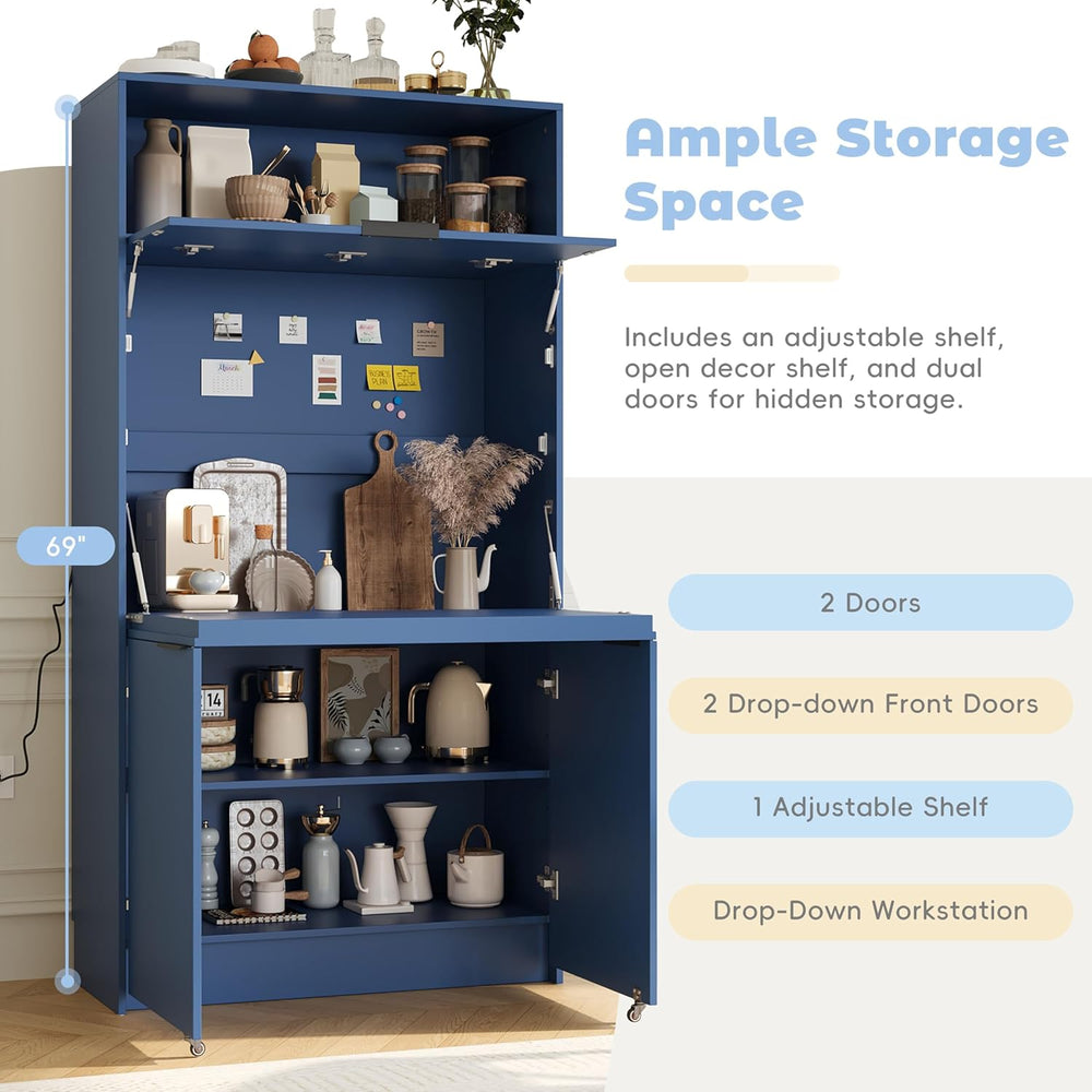 MERITLINE Compact Kitchen Pantry with Hutch and Foldable Workstation, Multifu...