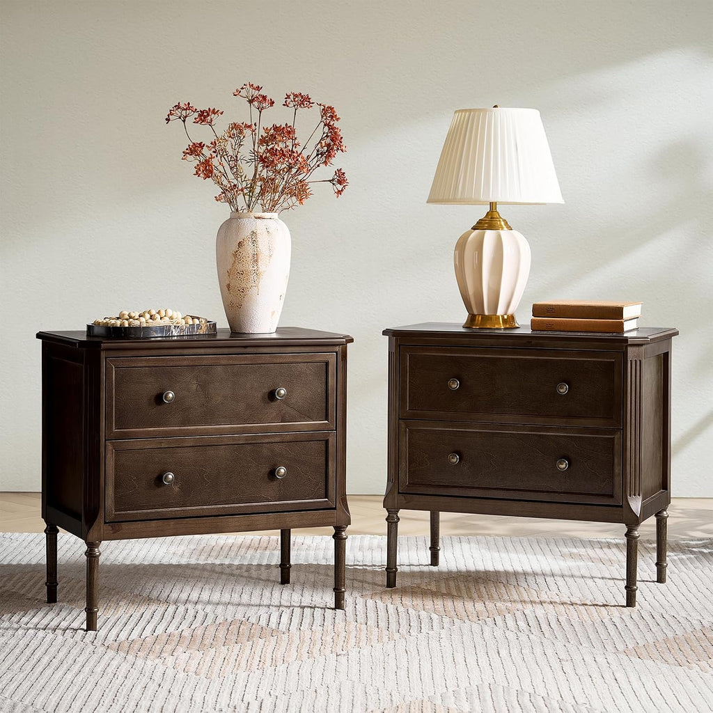 HULALA HOME Solid Wood End Table with Charging Station, Mid-Century Modern End Table with 2 Drawer, Adjustable Solid Wood Feet, Easy Assembly Set of 2, Walnut