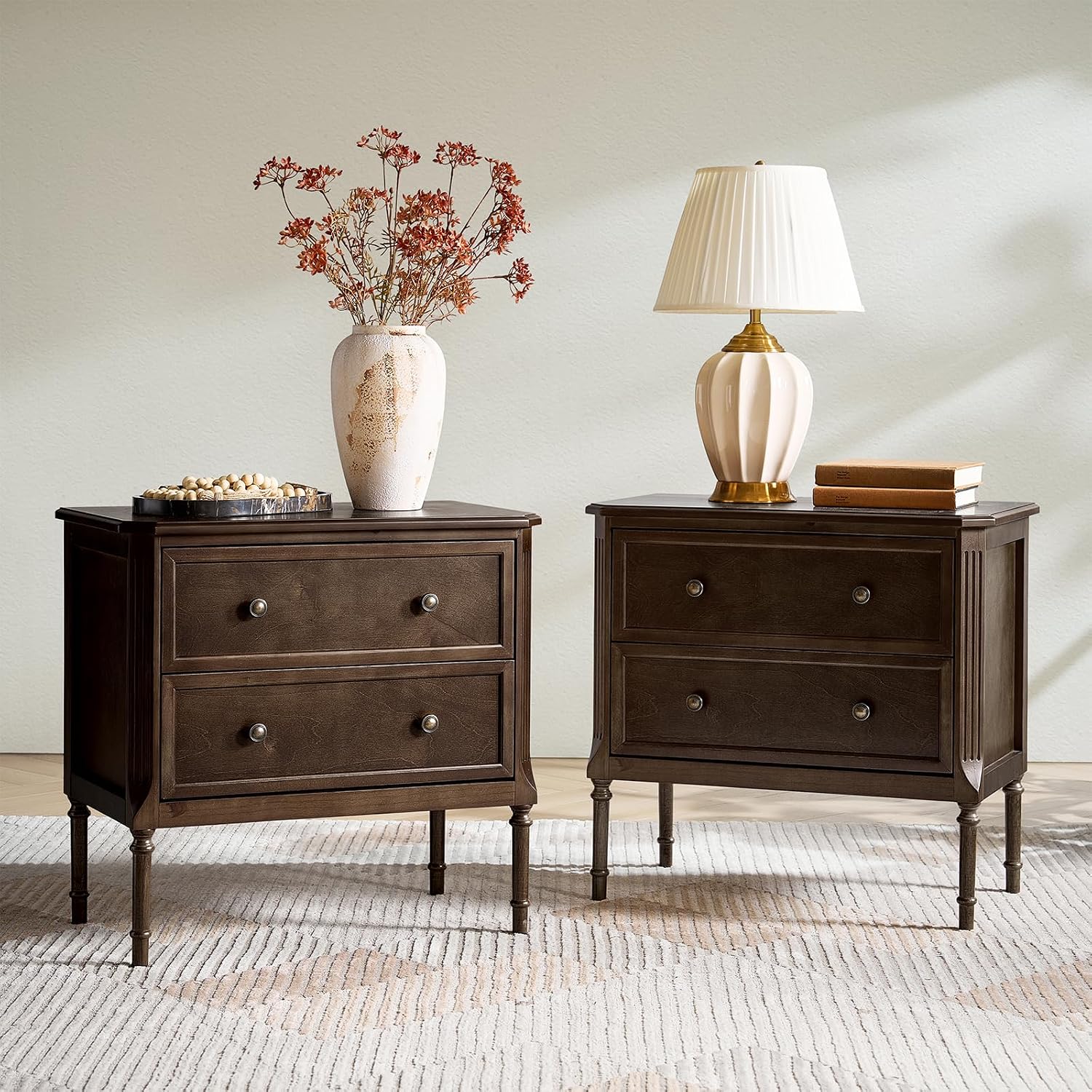 HULALA HOME Solid Wood End Table with Charging Station, Mid-Century Modern End Table with 2 Drawer, Adjustable Solid Wood Feet, Easy Assembly Set of 2, Walnut