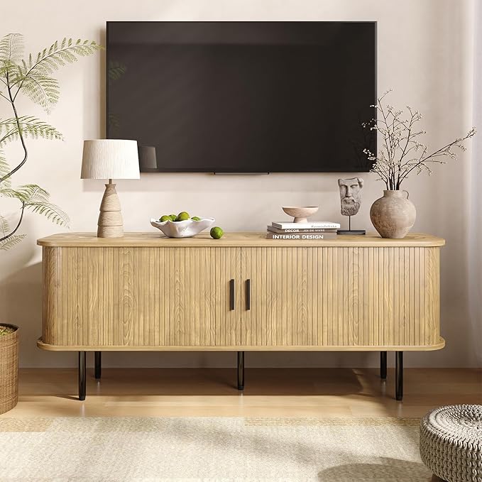 55''W Natural TV Stand Cabinet with Storage for TVs up to 60 Inch, Fluted TV Entertainment Center with Slatted Tambour Doors, Media Console for Living Room, Entryway