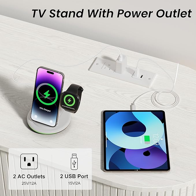 DHH 55 Inch Mid Century Modern TV Stand with Power Outlet for TVs up to 60 Inch, Entertainment Center with Storage and Adjustable Shelves, Media Console with Sliding Doors for Living Room(White)