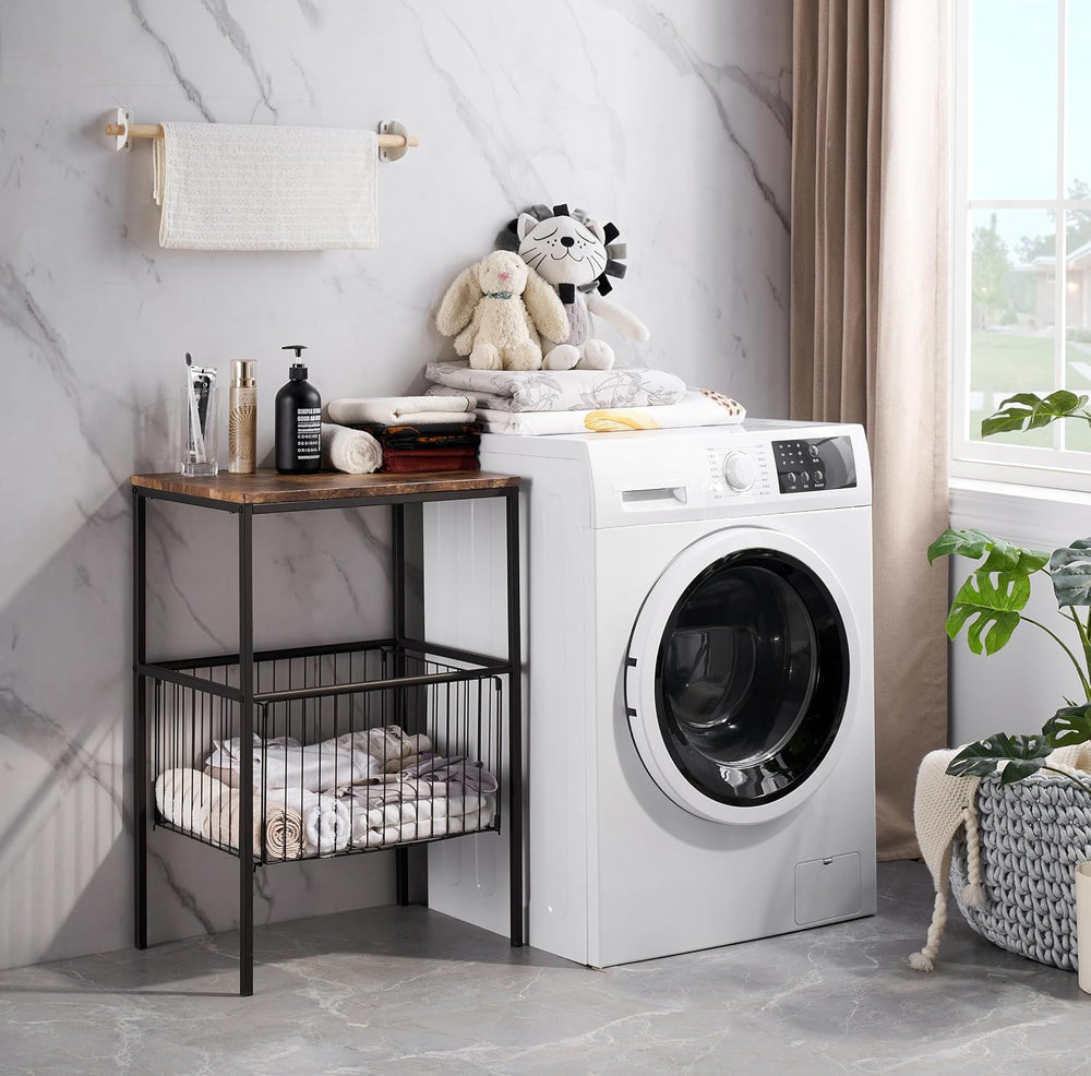 VECELO Tall End Table with Metal Basket,Nightstand with Shelf Storage Organiz...