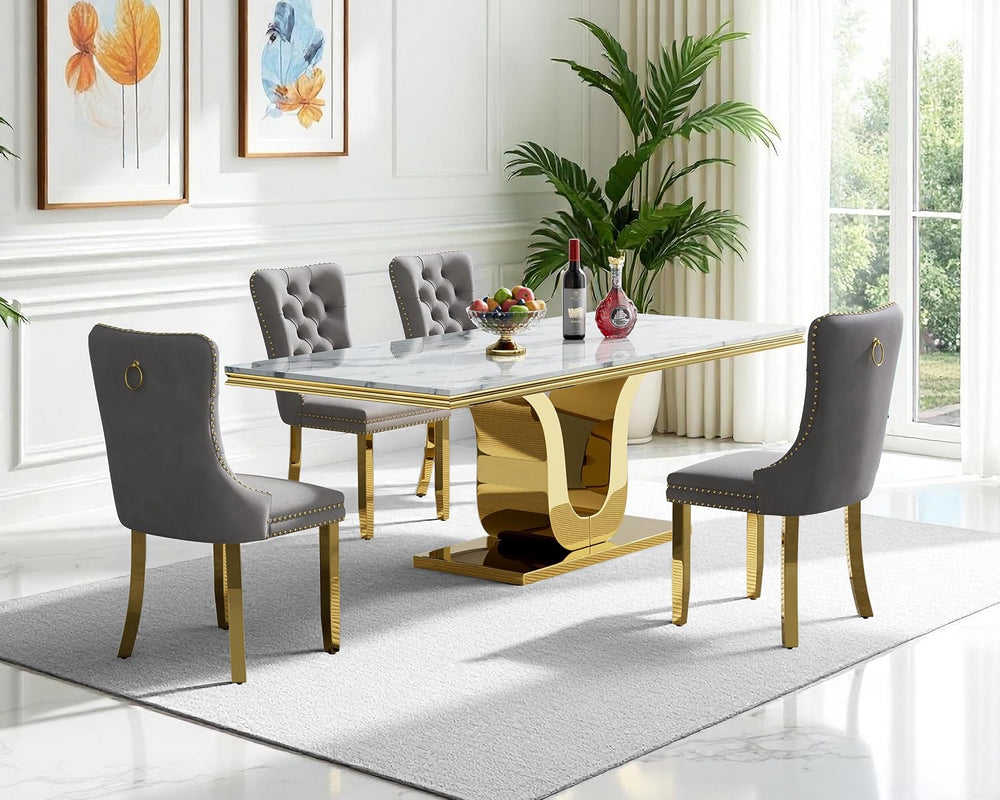 SSLine Modern White Marble Dining Table Set for 4,Luxury 68" Faux Marble...