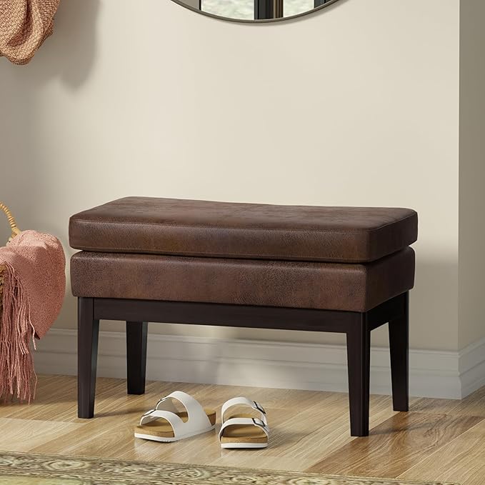 SIMPLIHOME Carlson 27-inch Wide Vegan Faux Leather Small Ottoman Bench in Distressed Chestnut Brown with Solid Wood Frame for Living Room, Entryway, or Bedroom
