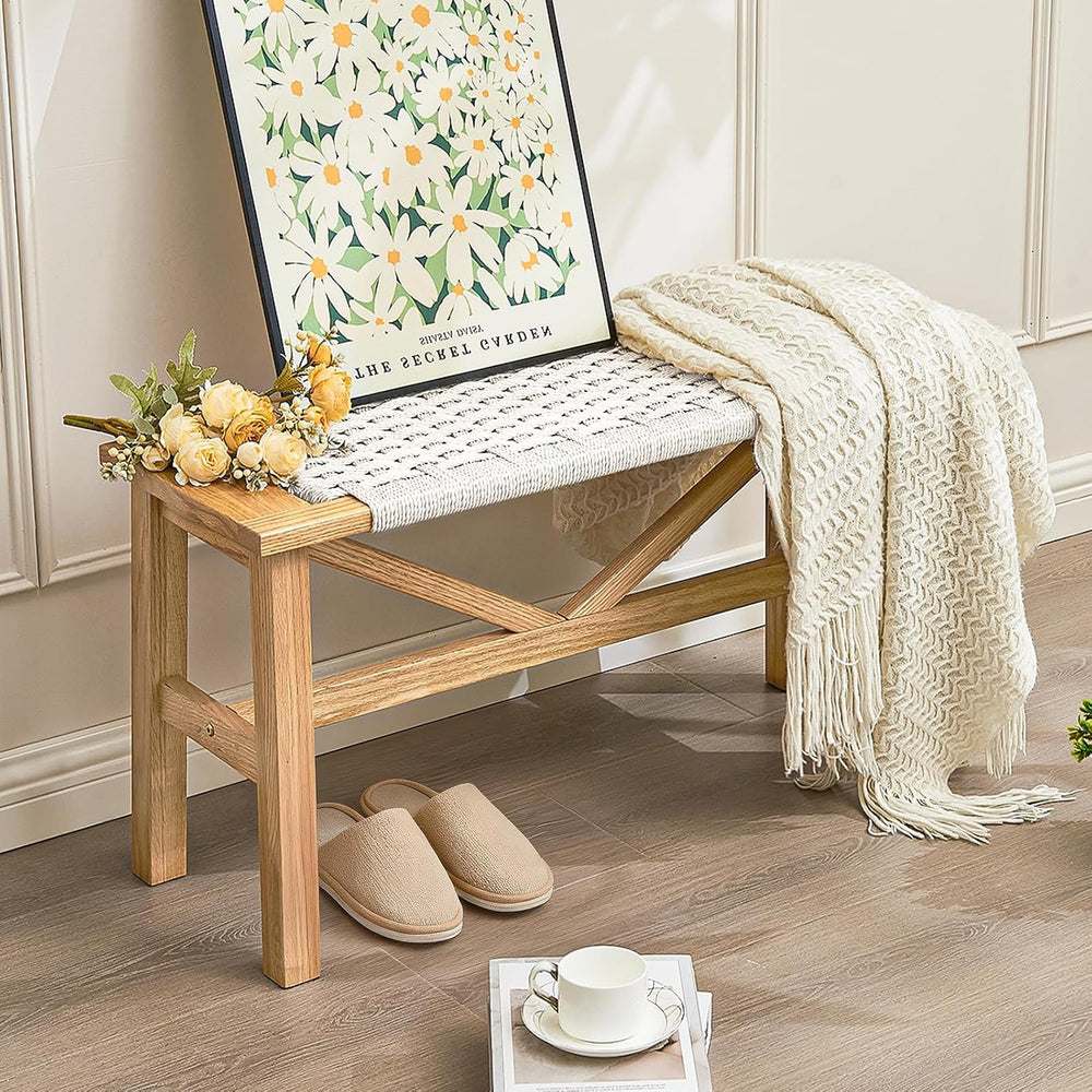 Solid Wood Narrow Bench, 33.46" Woven Bench for Entryway and Hallway, En...