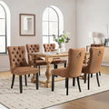 Linen Upholstered Dining Chairs Set of 6, Modern Style Kitchen Side Chairs with Nailhead Trim and Wood Leg, Metal Pulling Ring for Dining Room Living Room(Coffee,Set of 6)