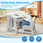 Costzon Kids Table and Chair Set, Height Adjustable Art Desk Set w/Whiteboard, Tilting Top, Storage Space, Tablet Holder & Markers, 4-in-1 Toddler Activity Furniture for Home Classroom Daycare (Gray)