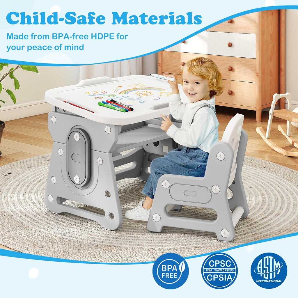 Costzon Kids Table and Chair Set, Height Adjustable Art Desk Set w/Whiteboard, Tilting Top, Storage Space, Tablet Holder & Markers, 4-in-1 Toddler Activity Furniture for Home Classroom Daycare (Gray)
