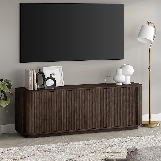 Henn&Hart Fluted TV Stand for TVs up to 75" with 2 Storage Cabinets with an Adjustable Shelf for Living Room, Family Room, or Office, Warm Brown