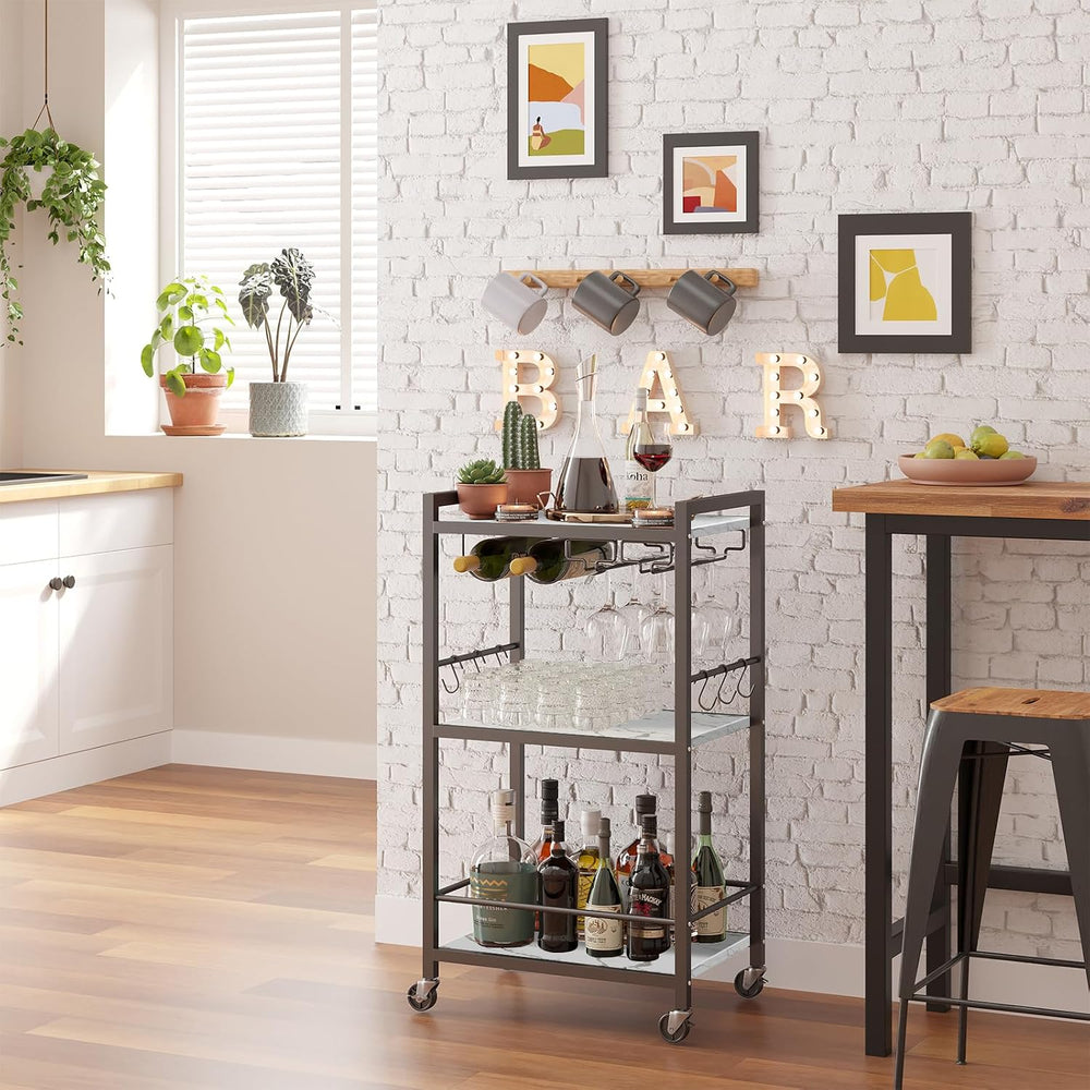 TUTOTAK Bar Cart with Wheels, Drink Cart with Wine Rack and Glass Holder