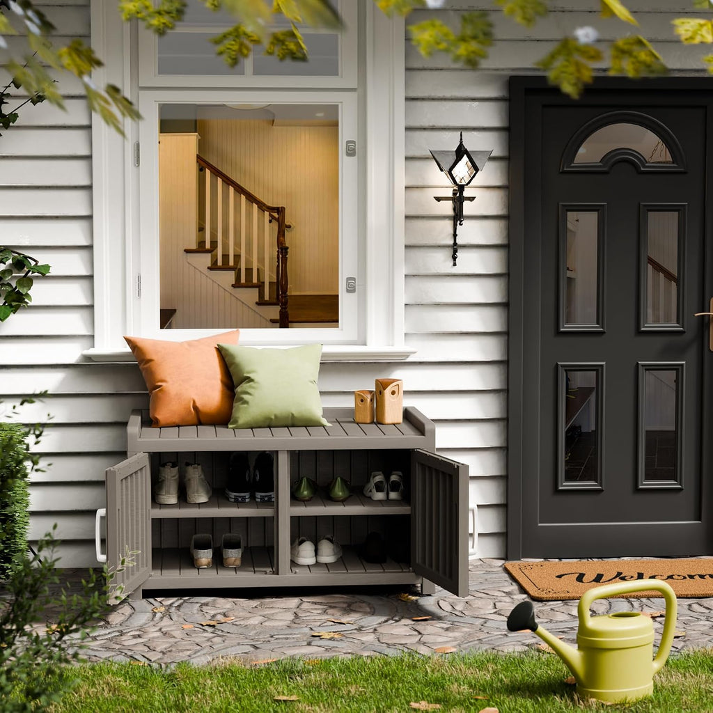 Storage Bench - 2 Doors Waterproof Resin Shoe Bench with Adjustable Shelves - Indoor & Outdoor Use, Entryway Bench with Seating for Bedroom, Living Room, Hallway - Grey