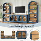 3-Piece Farmhouse TV Stand Set with Bookshelf for TVs Up to 70", Two-Tone Wood Grain Entertainment Center with Arched Design, Retro Sideboard with Tempered Glass Doors for Living Room (Blue+Natural)