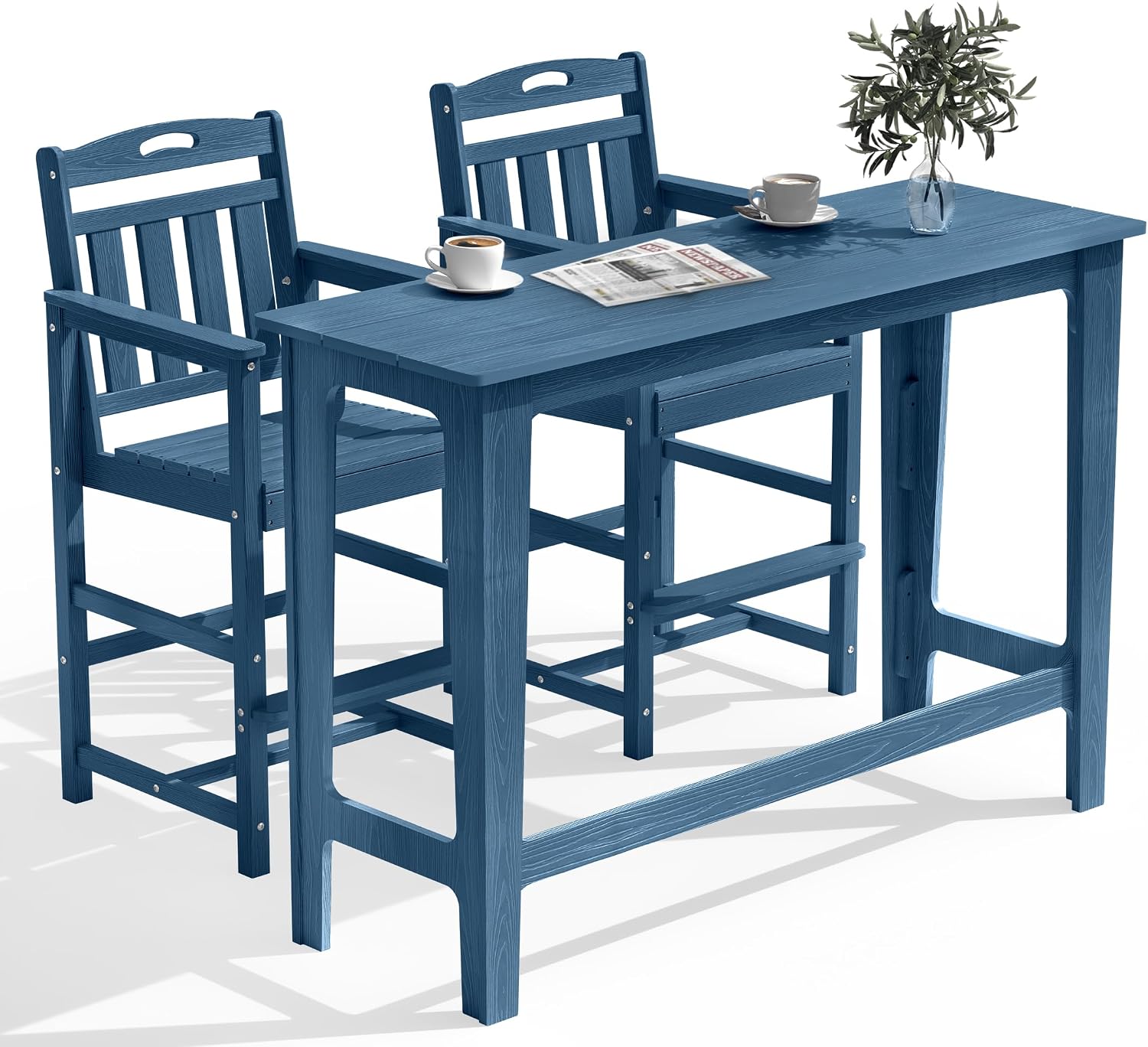 Outdoor Patio Bar Height Table and Tall Adirondack Chairs Set of 2, All-Weather HDPE High Top Long Rectangle Pub Furniture for Outside Balcony Bistro Backyard Pool Deck | 3-Pieces, Navy Blue
