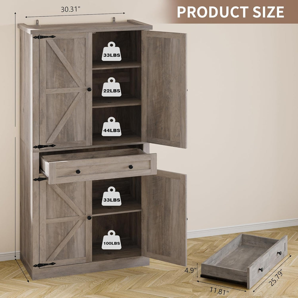 BORNOON Pantry Organizers and Storage Cabinet, 67.7” Barn Door White Kitchen ...