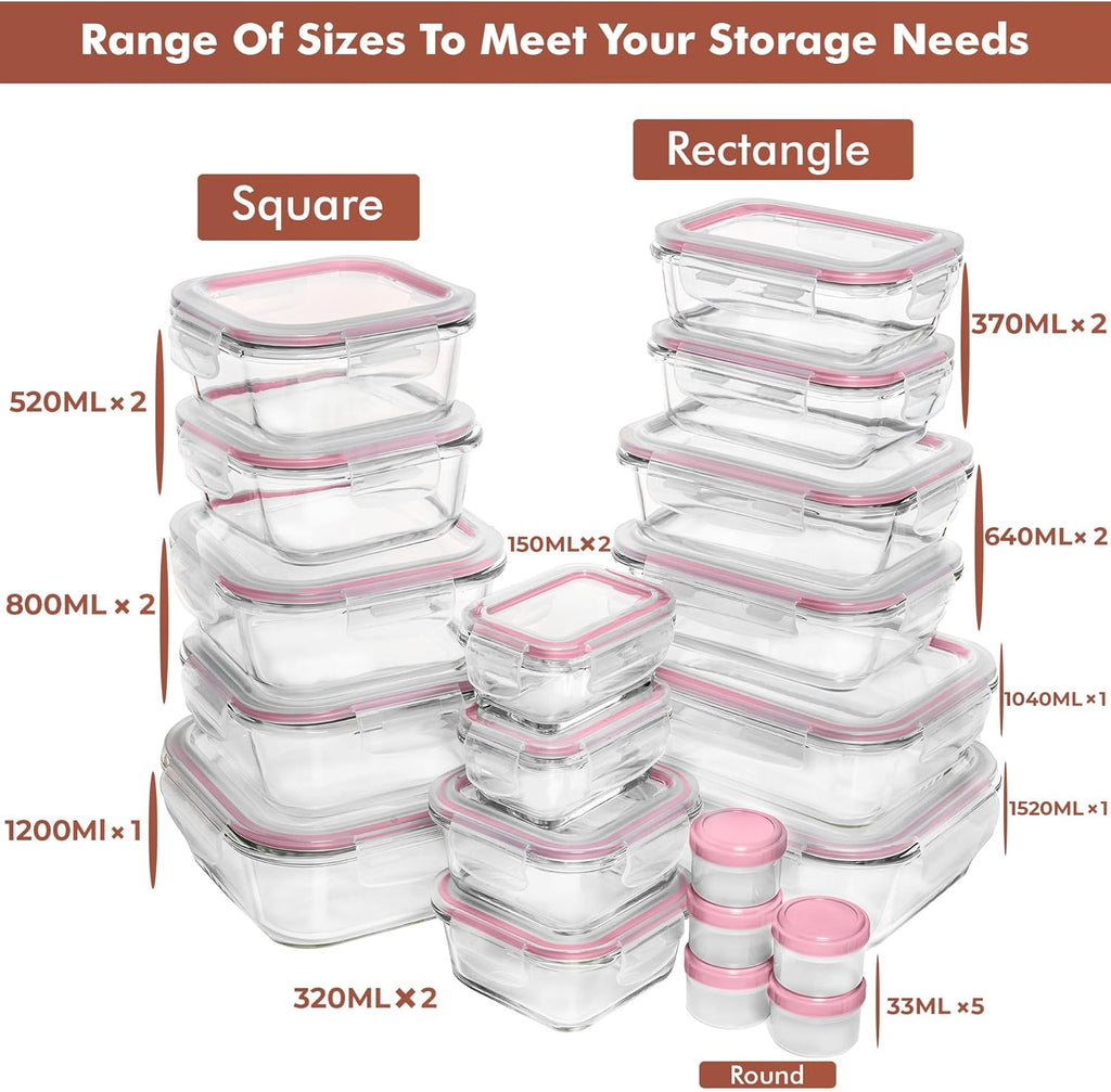 Razab 35 Pc Set Glass Food Storage Containers with Lids - Meal Prep Airtight Bento Boxes BPA-Free 100% Leak Proof (15 lids,15 glass & 5 Plastic Sauce/Dip Containers)