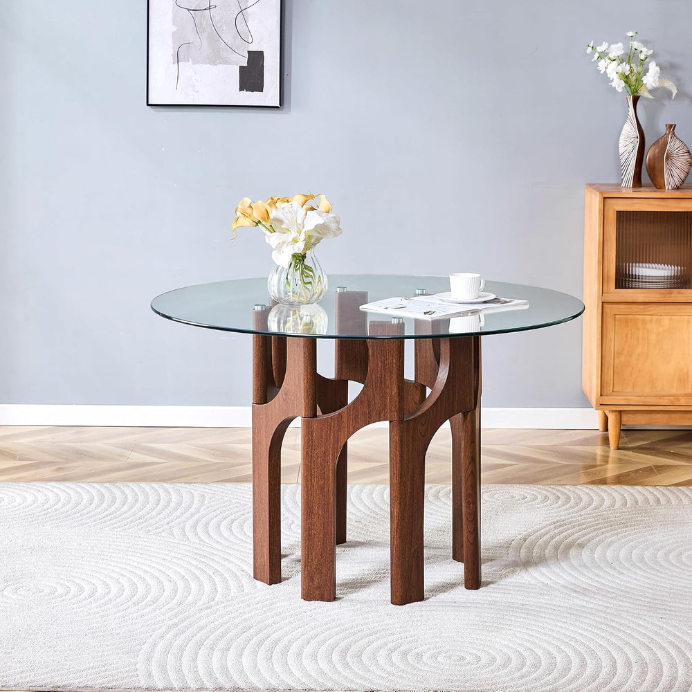 46" Round Tempered Glass Dining Table for 4-6, Mid-Century Modern Glass ...