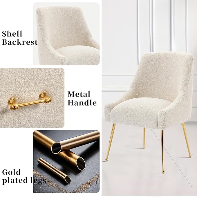 Modern Velvet Dining Chairs Set of 4, Contemporary Upholstered Furniture Collection with Polished Gold Metal Legs, Elegant Accent Chairs for Kitchen Living Room(Teddy Fleece,Beige)