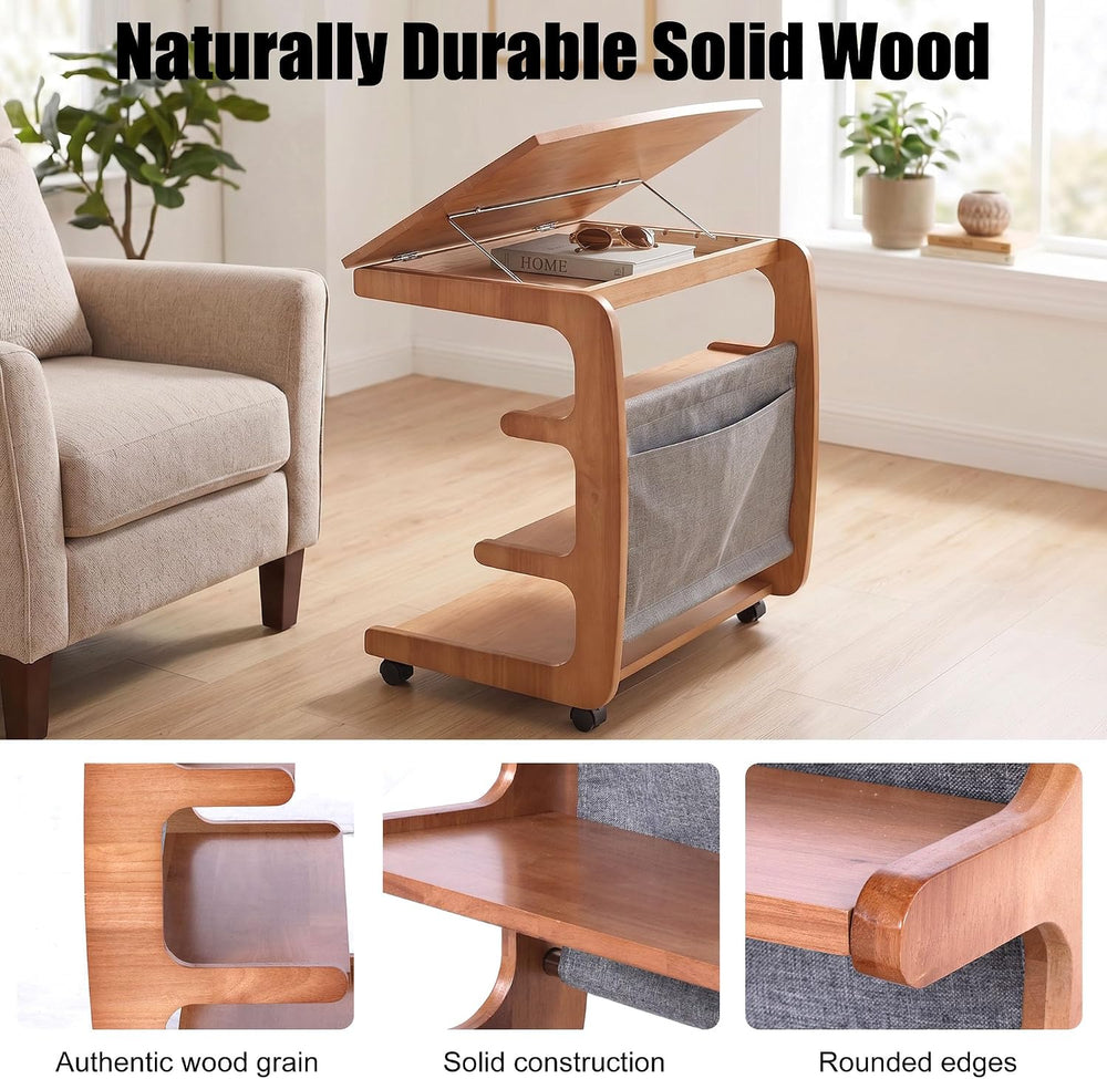 100% Solid Wood C Shaped End Table with Swivel Wheels, Lift Top Couch Table w...